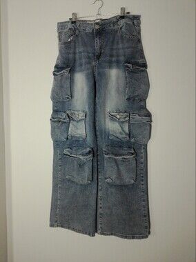VIP Women's Wide Leg Cargo Denim Pants in Light Blue